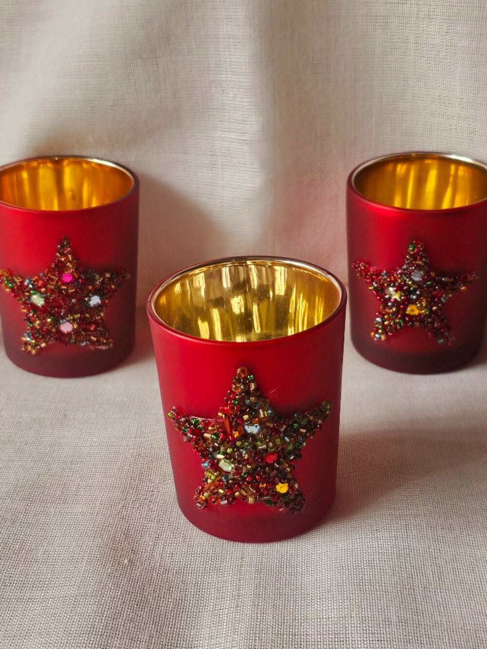 Set of 3 Embellished red glass candle votive holder / decor